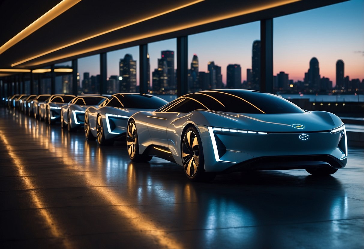 A row of sleek electric vehicles charging at a futuristic charging station, with a city skyline in the background