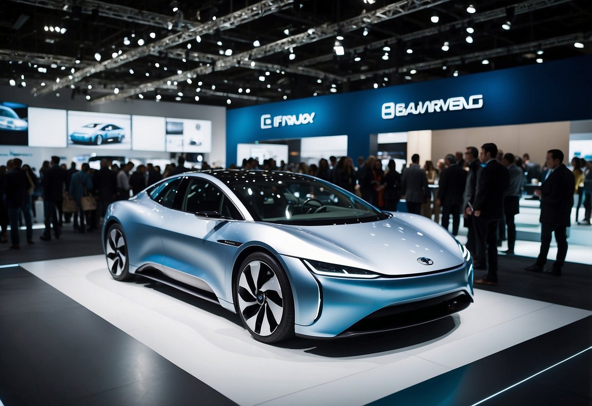 A bustling auto show floor with sleek electric vehicle models on display, surrounded by eager onlookers and industry experts discussing the future of EVs