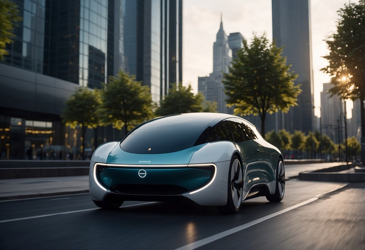 A sleek, futuristic electric vehicle glides through a cityscape, surrounded by cutting-edge charging stations and advanced infrastructure. The vehicle's aerodynamic design and innovative features hint at the exciting future of electric transportation