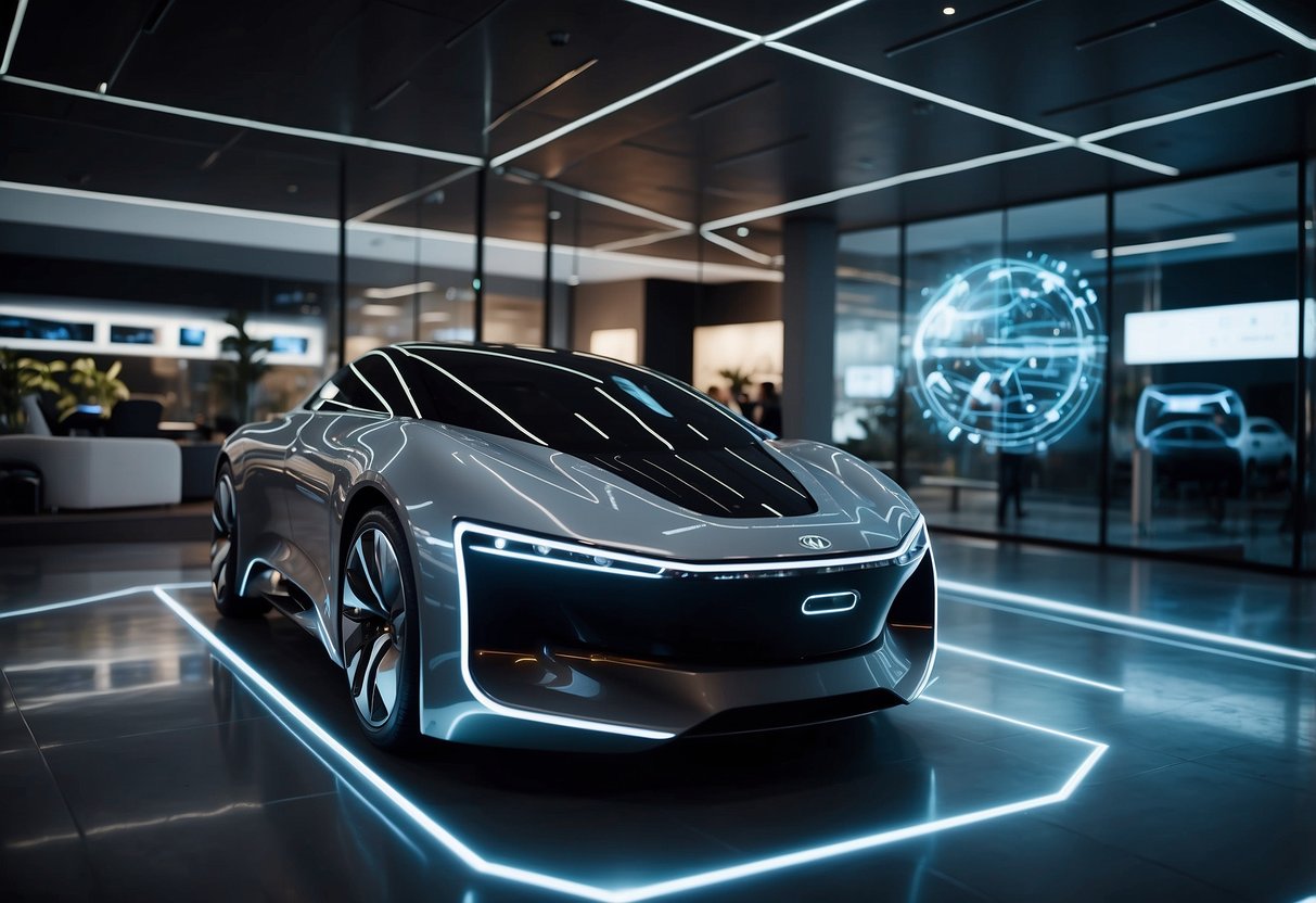 A futuristic car showroom with holographic displays showcasing the top 10 car tech innovations of 2024. Self-driving vehicles, advanced AI systems, and cutting-edge energy-efficient engines are highlighted