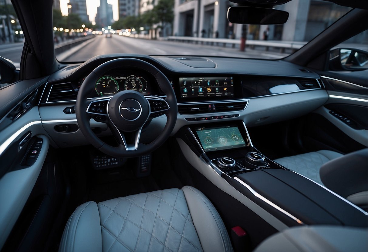 A sleek car equipped with advanced sensors and cameras, seamlessly navigating through traffic while displaying real-time data on its futuristic dashboard