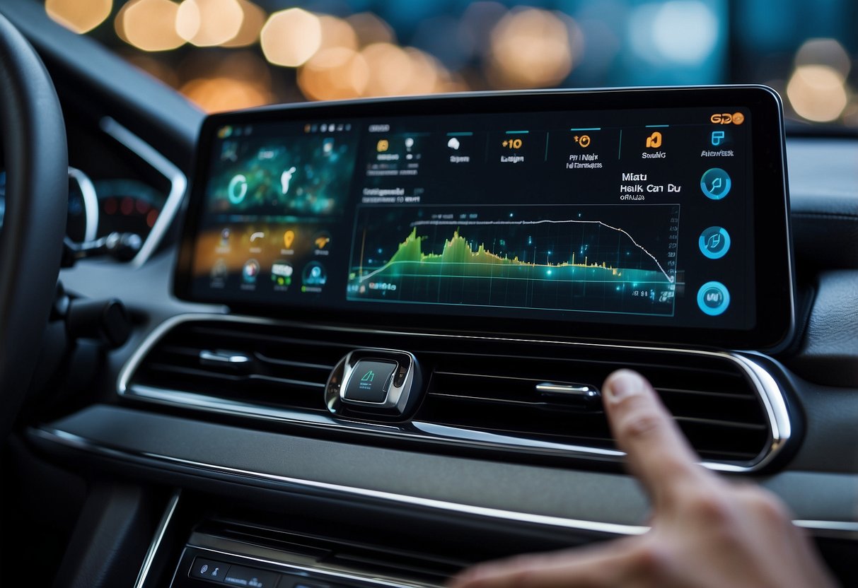 An AR dashboard displaying "Top 10 Car Tech Innovations of 2024" with holographic visuals and interactive controls