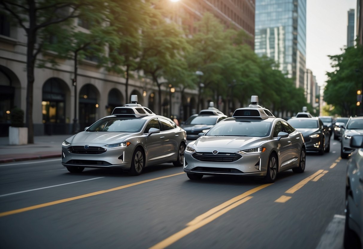 A fleet of self-driving cars navigating city streets, seamlessly merging and avoiding obstacles with advanced sensor technology