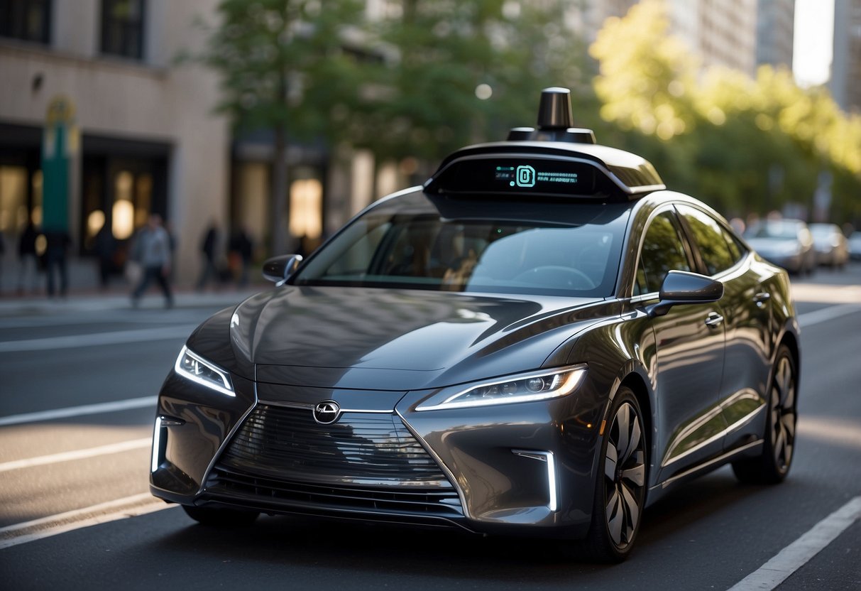 A sleek self-driving car navigates city streets using integrated hardware and software. Sensors, cameras, and AI technology work together to safely guide the vehicle