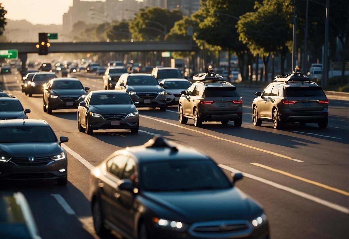 A network of self-driving cars communicating with traffic signals and other vehicles on the road, showcasing the seamless connectivity of V2X technology