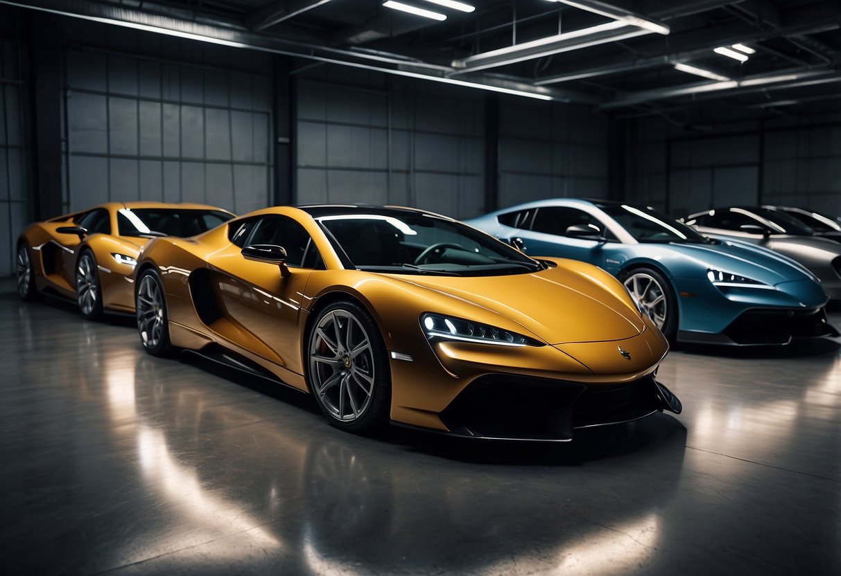 A lineup of sleek, modern sports cars glisten under bright studio lights, showcasing their powerful engines and aerodynamic designs