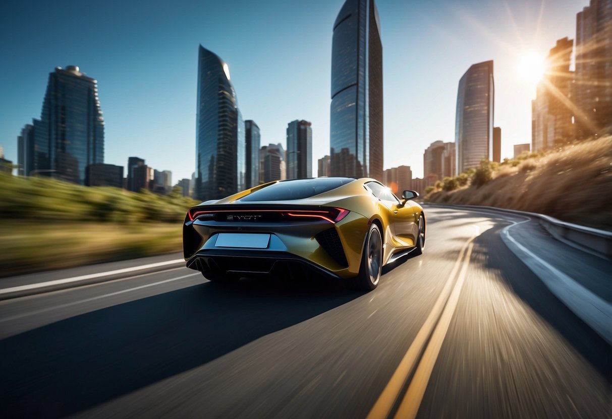 Sleek, modern cars zooming down a winding road, with futuristic cityscape in the background. Bright lights and bold colors highlight the latest high-performance models