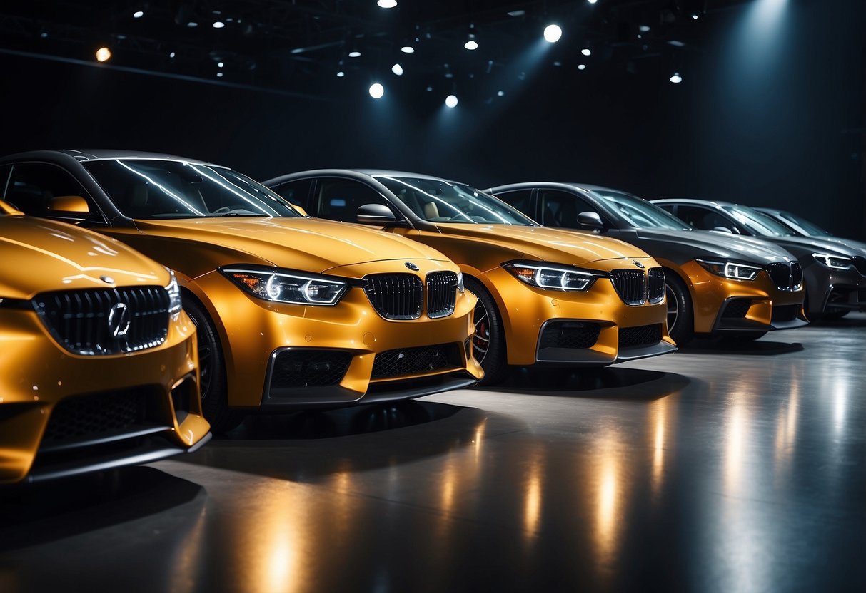 A spotlight shines on sleek, high-performance cars lined up on a stage, with the brand's logo prominently displayed