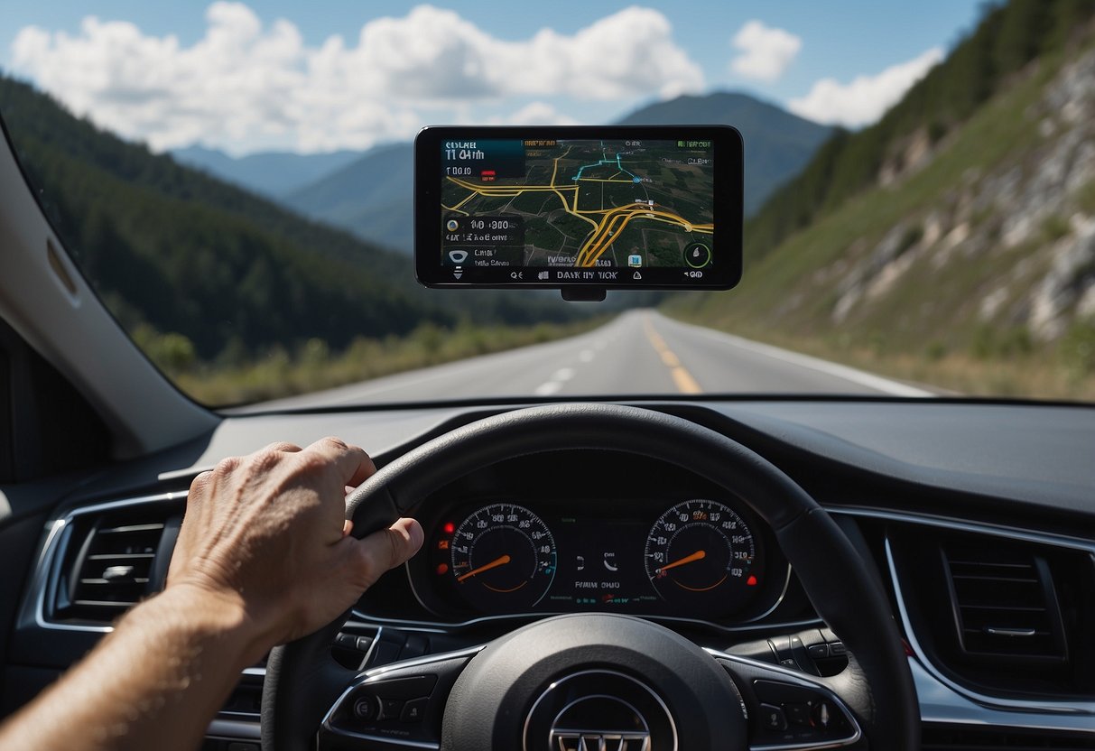 A car on a road with digital overlays showing navigation, weather, and traffic information. The driver's view is enhanced by virtual elements