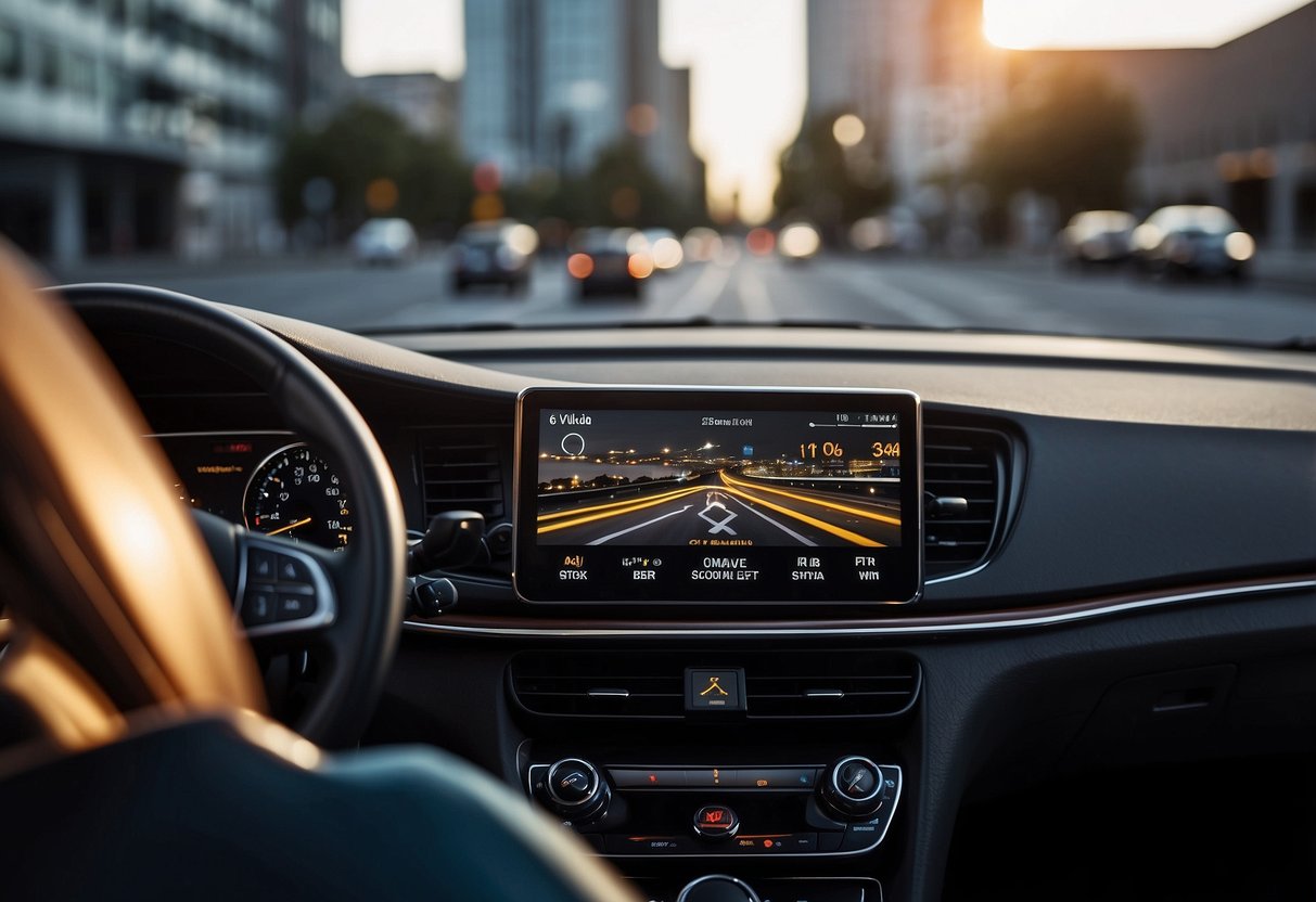 A car dashboard displays AR navigation and real-time traffic updates, while the driver interacts with virtual controls and receives alerts