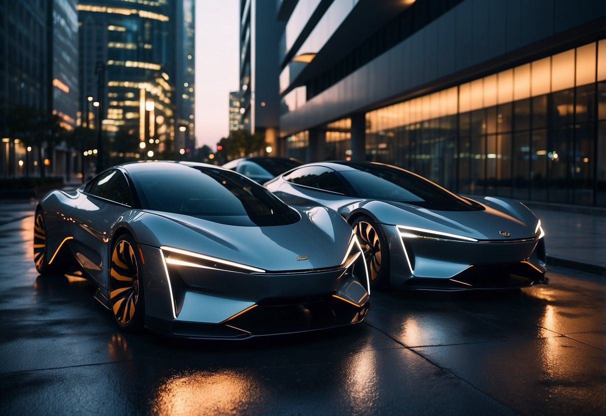 Five sleek luxury electric cars line up on a futuristic city street, surrounded by modern architecture and glowing neon lights