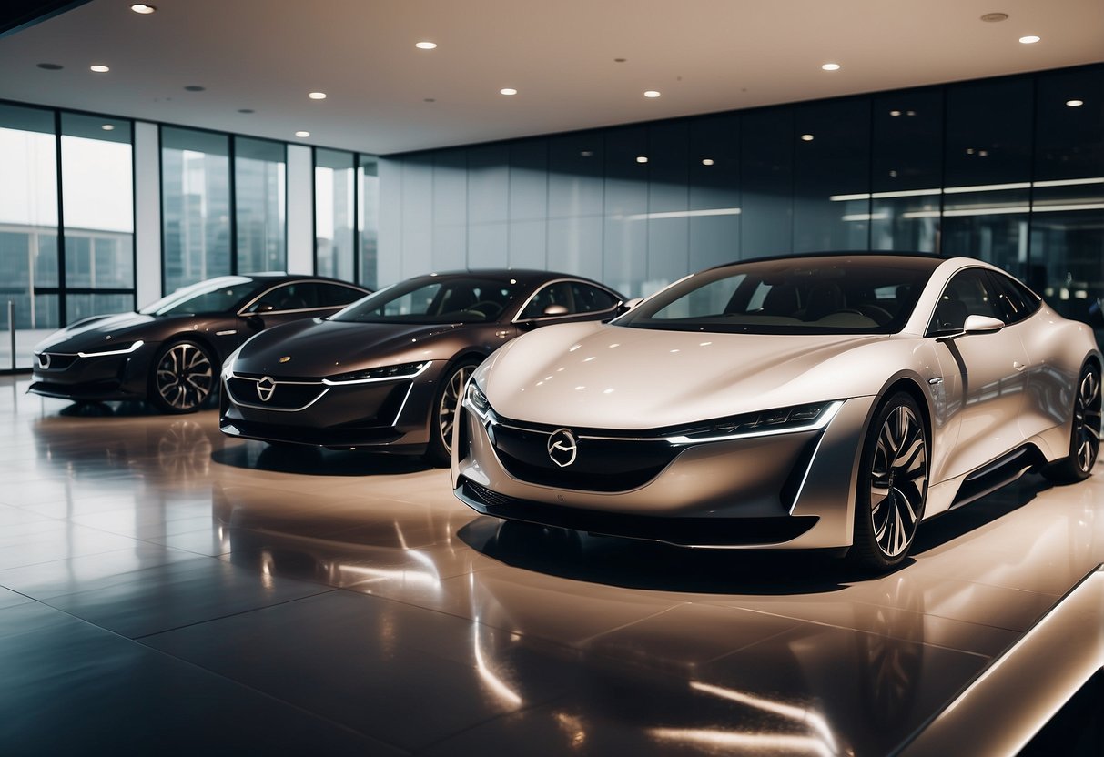 Luxury electric cars lined up in a sleek showroom, with futuristic design and plush interiors, showcasing cutting-edge technology and comfort