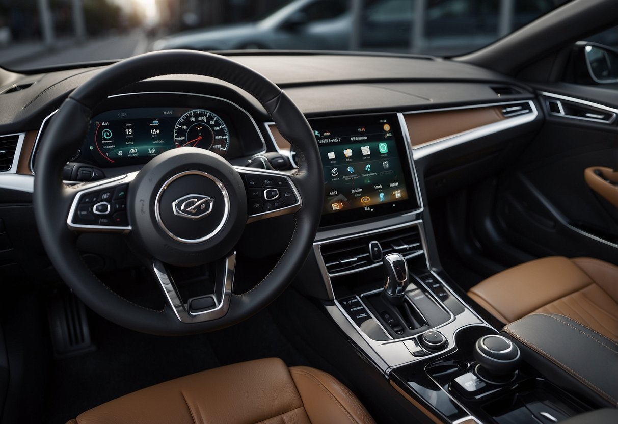 A car dashboard with various connected devices and screens displaying infotainment options