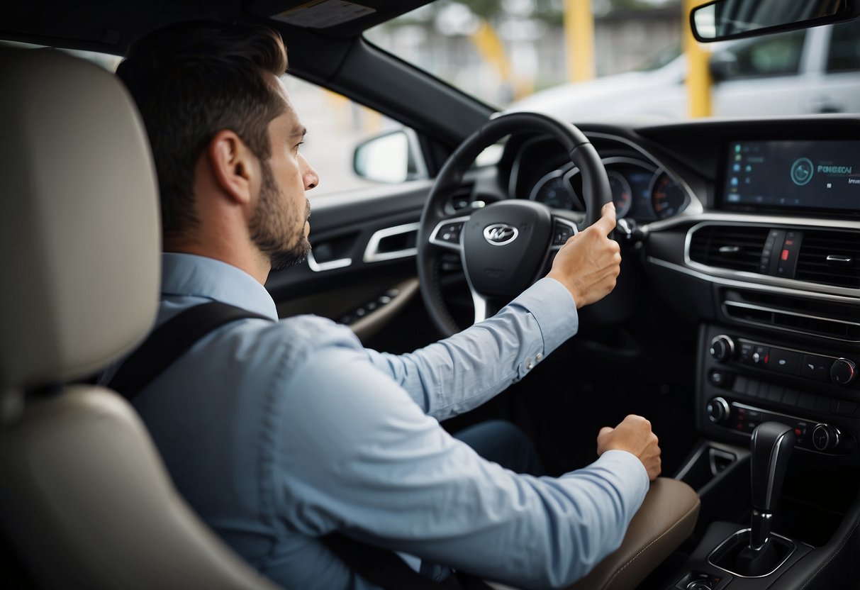 A car surrounded by safety features like airbags, collision sensors, and automatic braking. A technician examining the car's safety systems