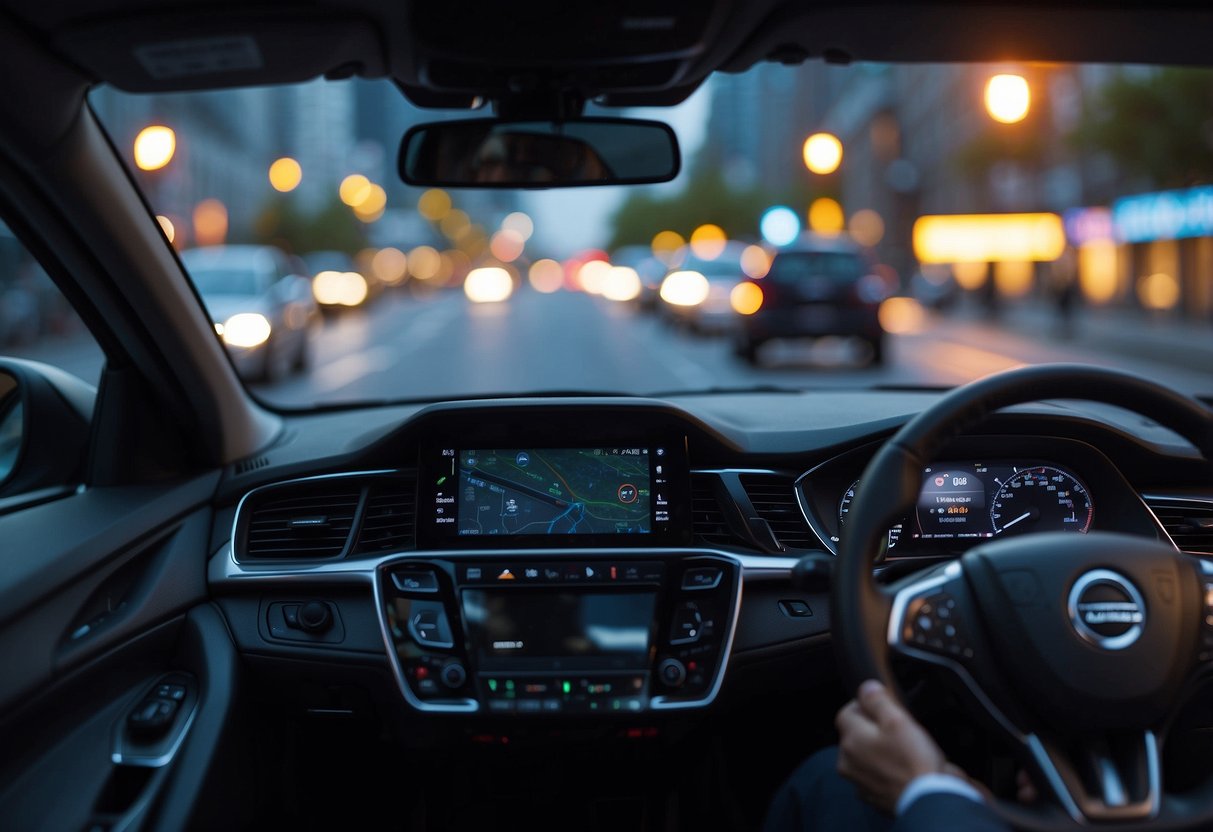 A car with driver assistance systems navigating a busy city street, with sensors detecting surrounding vehicles and pedestrians, and the vehicle automatically adjusting speed and steering to maintain safe distance and avoid collisions