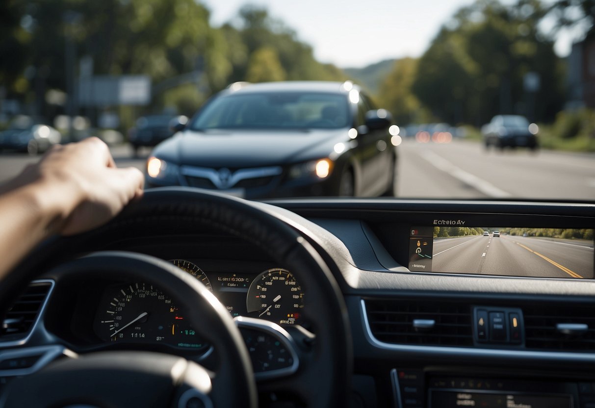 A car approaching a stopped vehicle activates its pre-collision system, emitting visual and auditory alerts to warn the driver of a potential collision