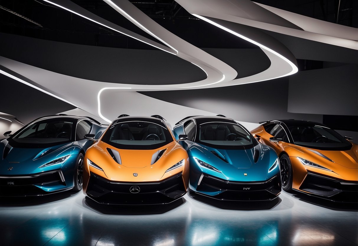 A lineup of sleek, futuristic concept cars gleaming under bright studio lights, showcasing their cutting-edge designs and innovative features