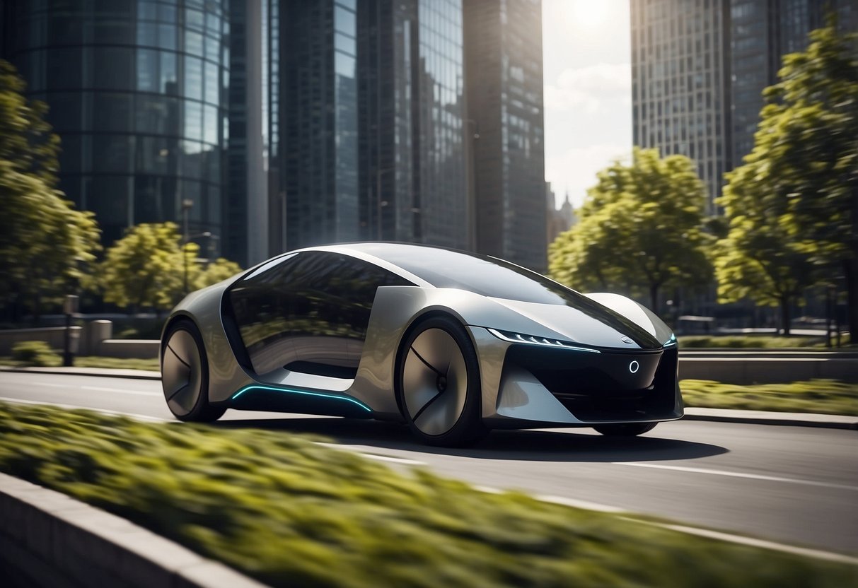 A sleek, futuristic concept car navigates through a cityscape using advanced autonomous driving technologies. The vehicle seamlessly weaves through traffic, showcasing its cutting-edge capabilities