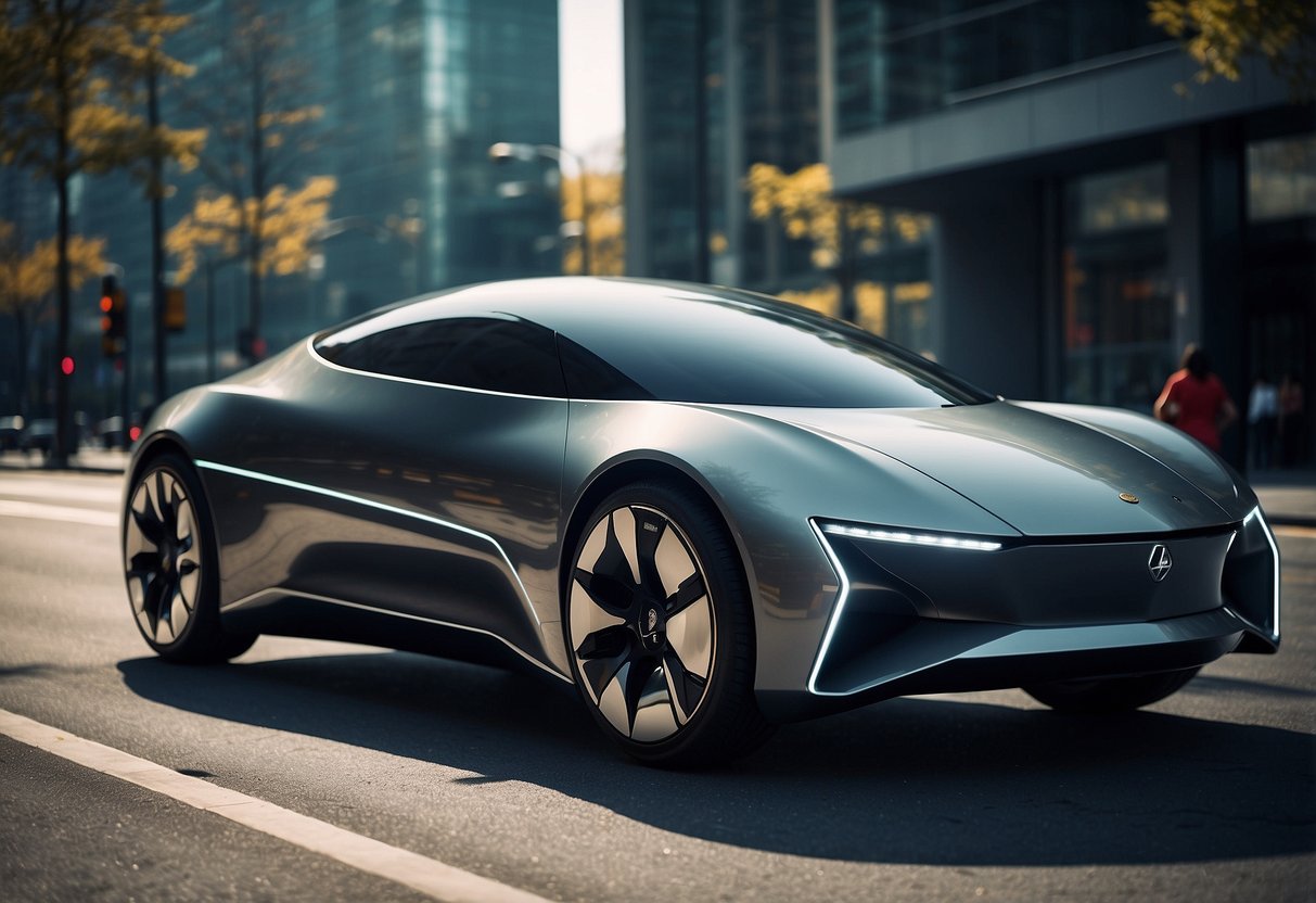 A sleek, futuristic concept car with advanced safety features on a bustling city street