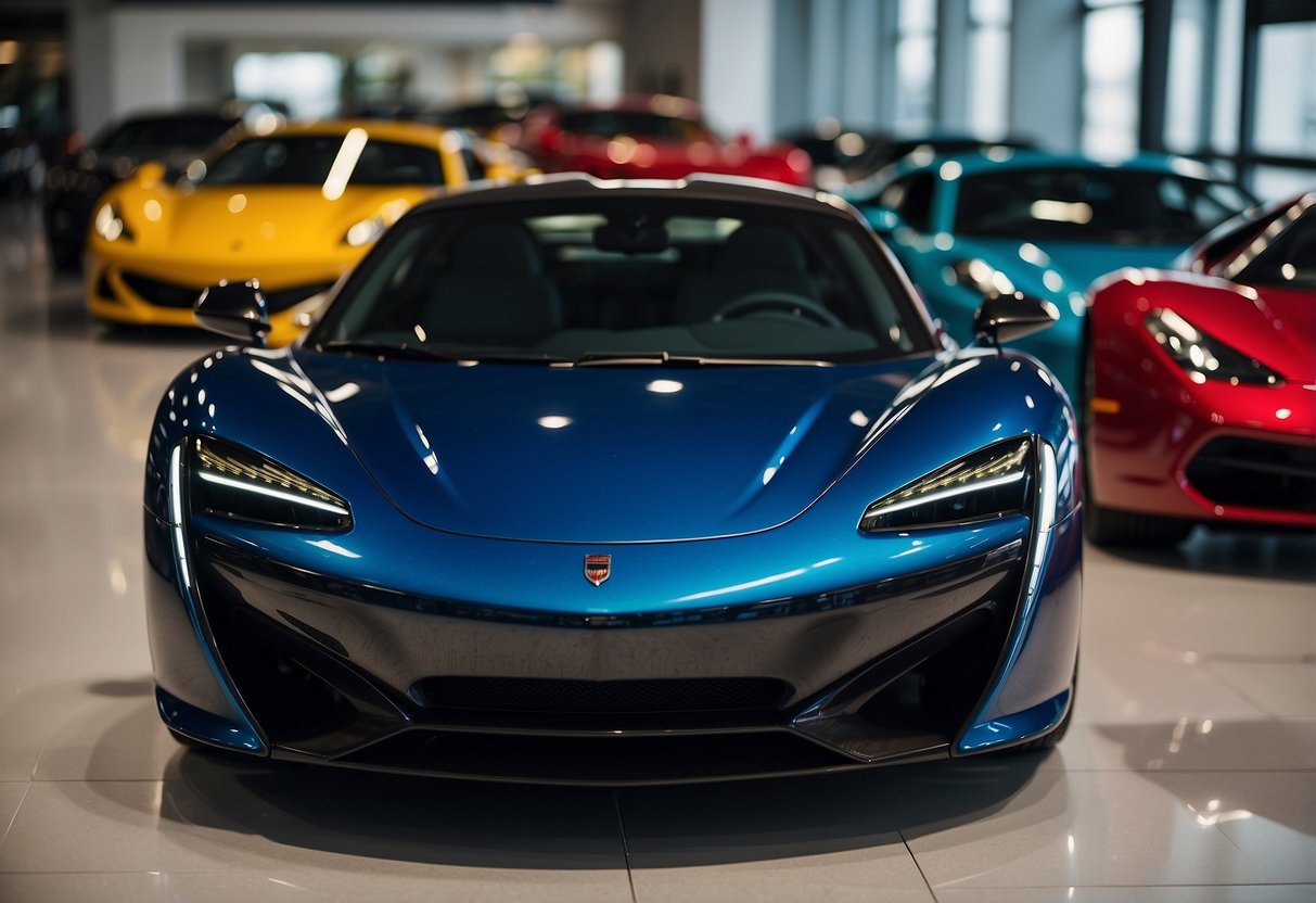 A lineup of sleek sports cars in a showroom, featuring bold colors and aerodynamic designs. Price tags are visible, highlighting their affordability