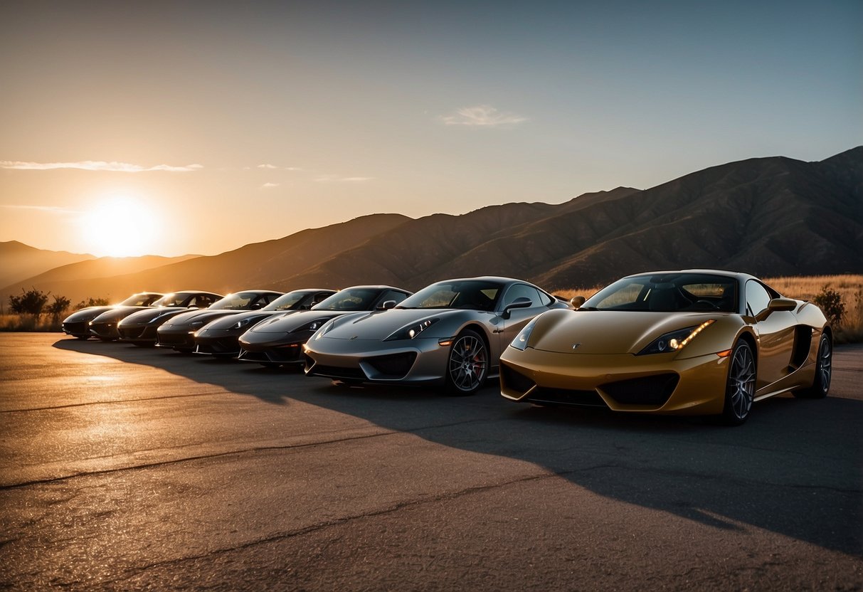 A lineup of sleek, affordable sports cars parked in front of a scenic backdrop, with the sun setting in the distance. Each car exudes power and style, ready to be driven by enthusiasts