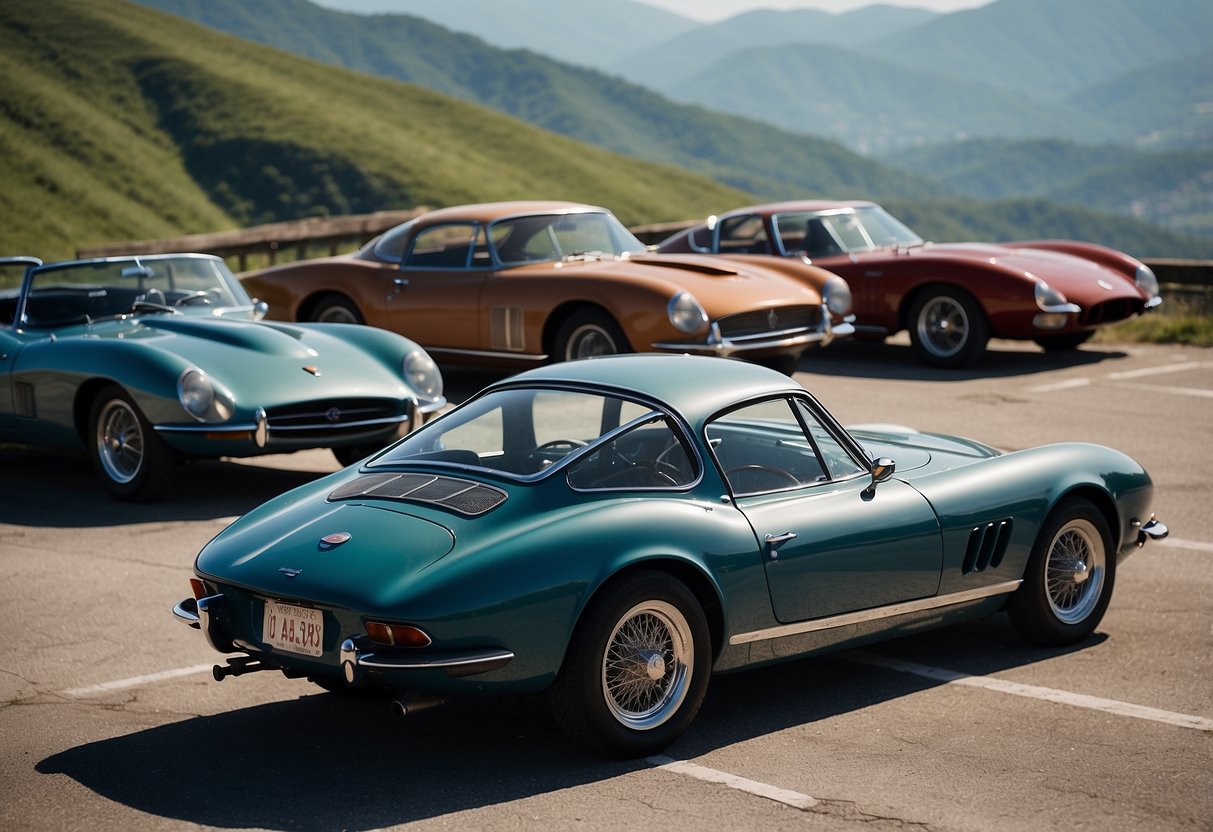 A lineup of classic sports cars from different eras, parked on a scenic overlook with a backdrop of rolling hills and a clear blue sky