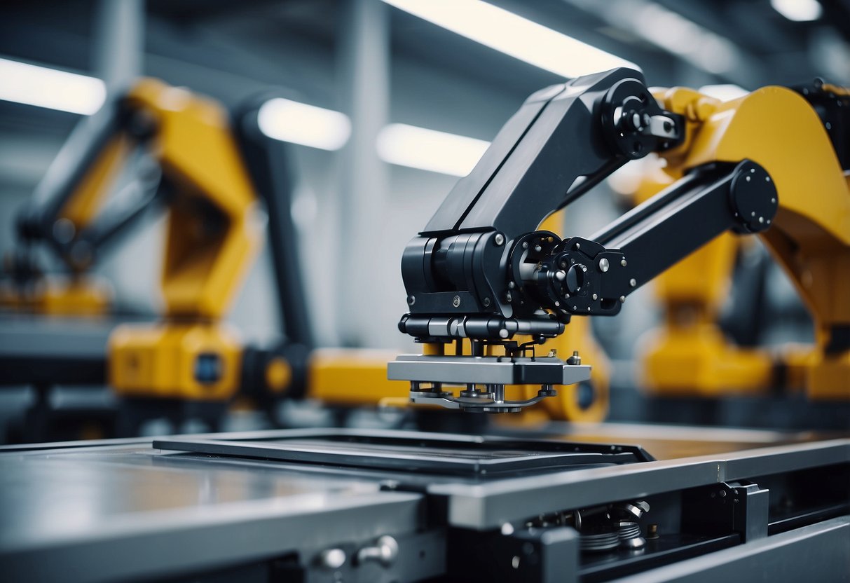 Robotic arms in a high-tech factory, 3D printing car parts with precision and speed. Conveyor belts transport the finished components for assembly