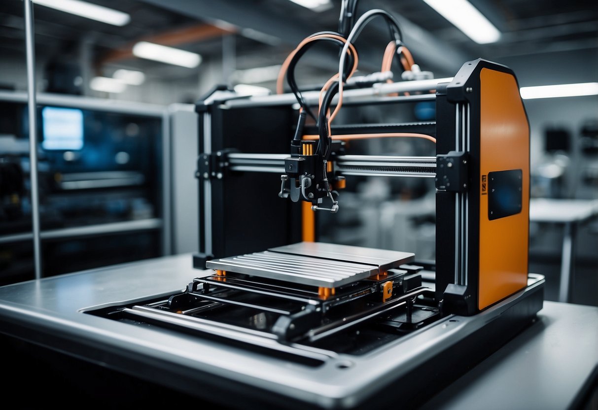 A 3D printer creating car parts with various materials like plastic, metal, and composite filaments. Machinery and computer screens surround the printer