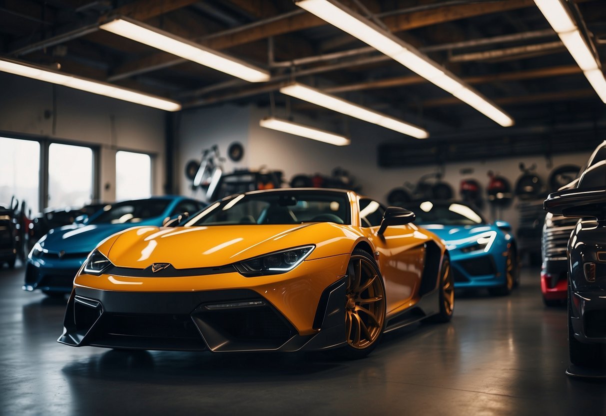 A garage filled with custom cars, each uniquely designed with vibrant colors and intricate details. Tools and equipment line the walls, showcasing the craftsmanship and creativity of car customization