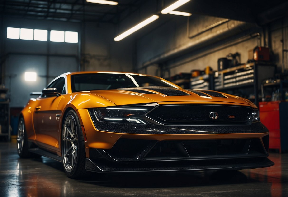 A sleek, customized car with vibrant paint and intricate detailing sits in a dimly lit garage, surrounded by tools and equipment. The vehicle exudes a sense of power and individuality, showcasing the art of car customization