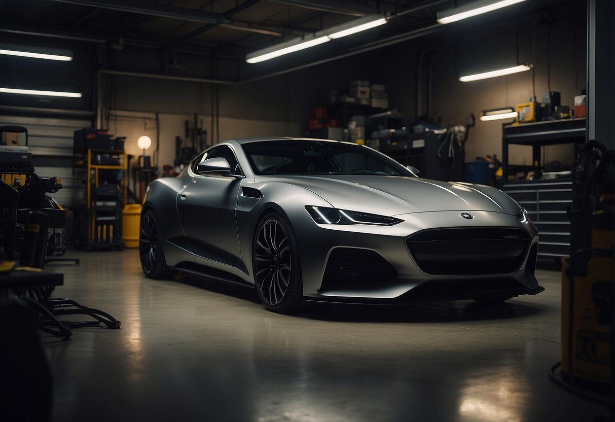 A sleek, modern car sits in a dimly lit garage, surrounded by tools and equipment. A computer screen displays intricate car designs and customization options