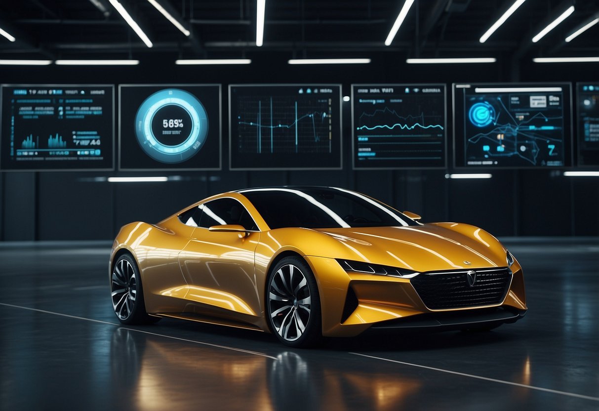 A sleek car with sensors and cameras, processing data and making decisions in real-time. AI algorithms optimizing fuel efficiency and predicting maintenance needs