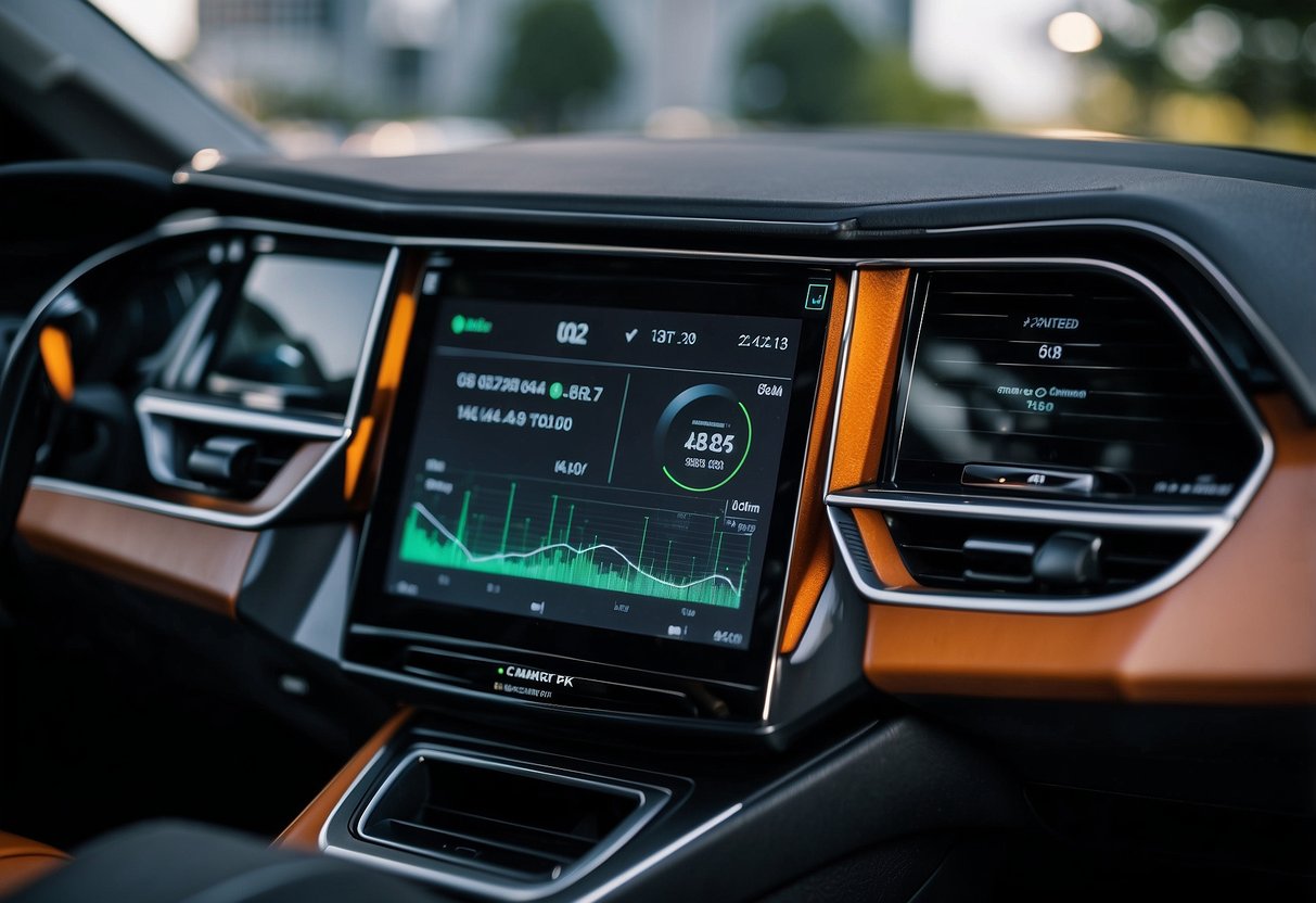 An electric vehicle's dashboard displays AI algorithms processing data from sensors to optimize performance and efficiency