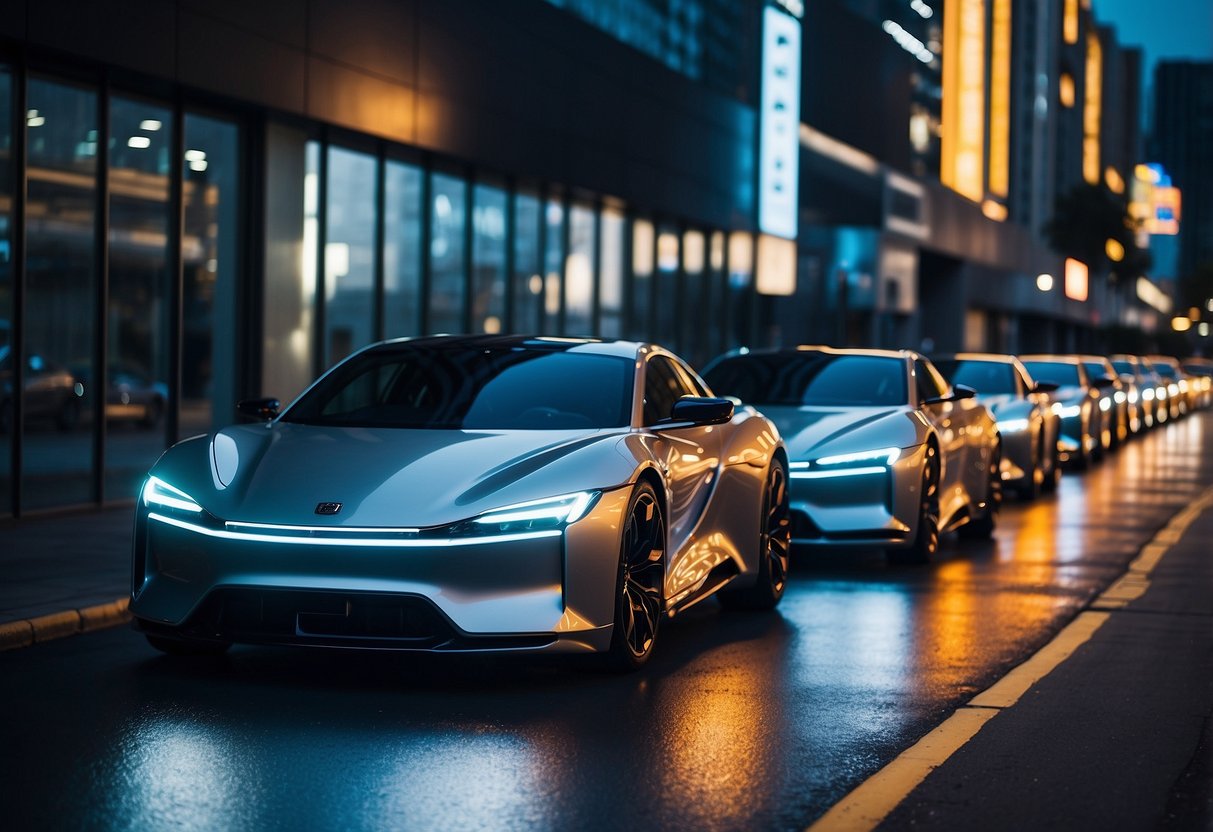 Five cars lined up on a futuristic city street, with sleek designs and glowing LED lights, showcasing their top fuel efficiency in 2024