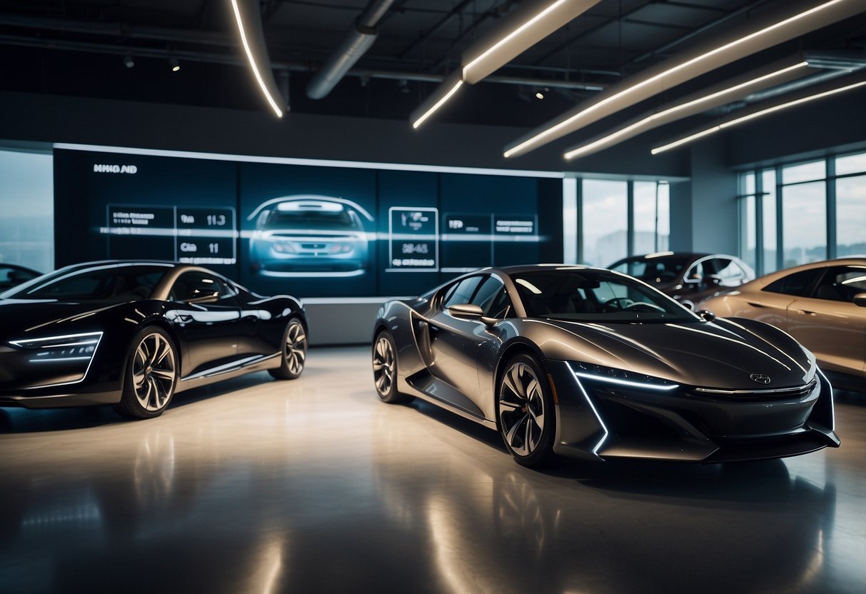 A sleek, modern car showroom with futuristic lighting and a digital display showcasing the "Top 5 Cars with the Best Fuel Efficiency in 2024."