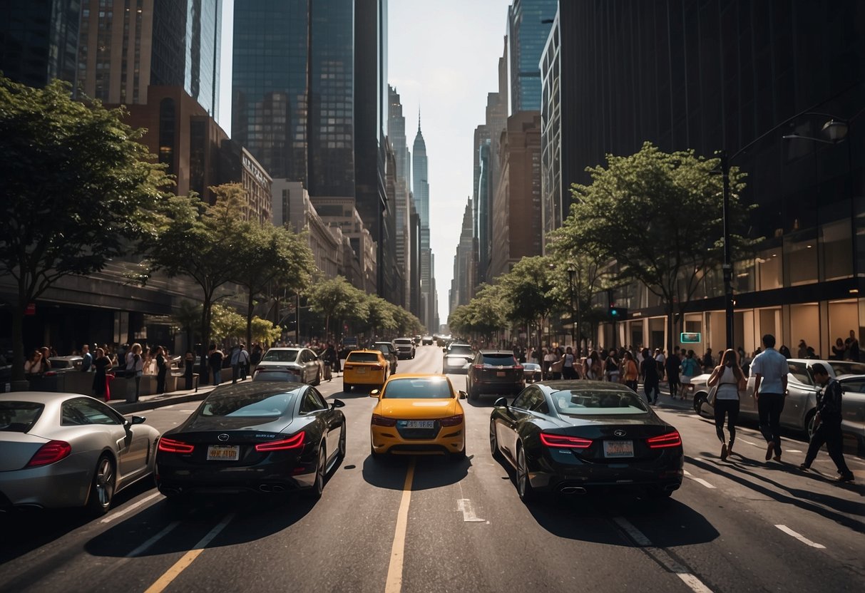 A bustling city street with sleek, modern cars zipping by, surrounded by towering skyscrapers and bustling commuters