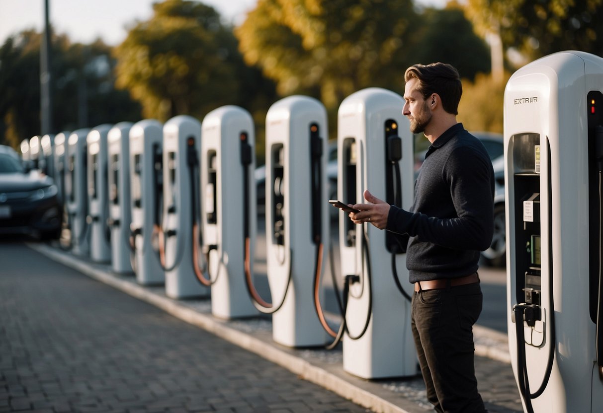 A person standing in front of a row of electric vehicle chargers, comparing their features and specifications