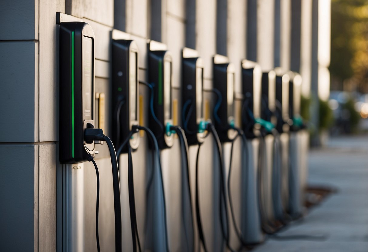 A row of different electric vehicle chargers lined up against a wall, each with various features and specifications