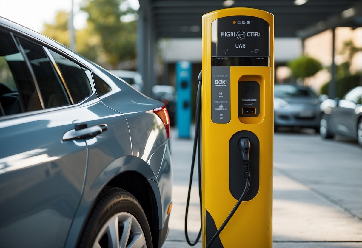 A bright and modern electric vehicle charger stands against a clean and organized garage backdrop, with clear signage indicating its compatibility and cost factors