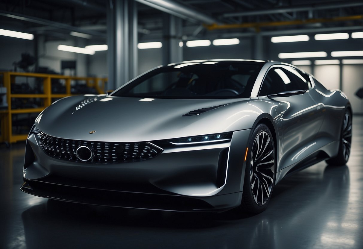 A sleek car design is being altered to accommodate new emission regulations, with engineers and designers collaborating in a modern, high-tech studio