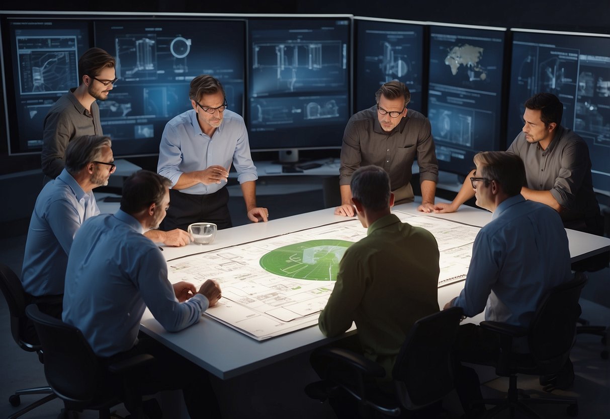 A group of engineers huddle around a drafting table, discussing new emission regulations and how they will impact car design. Blueprints and technical drawings cover the table, while computer screens display simulations of potential vehicle emissions