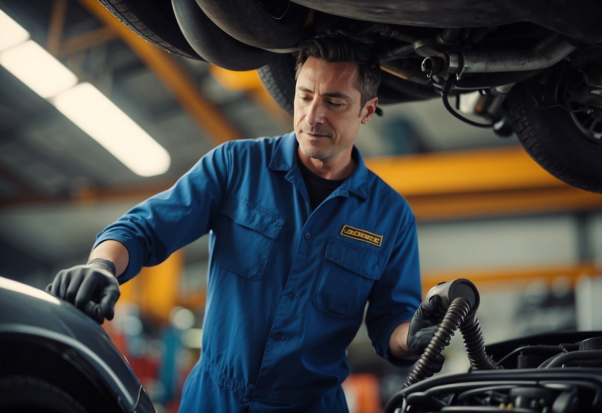 A mechanic installs a new catalytic converter and adjusts the engine to meet stricter emission standards