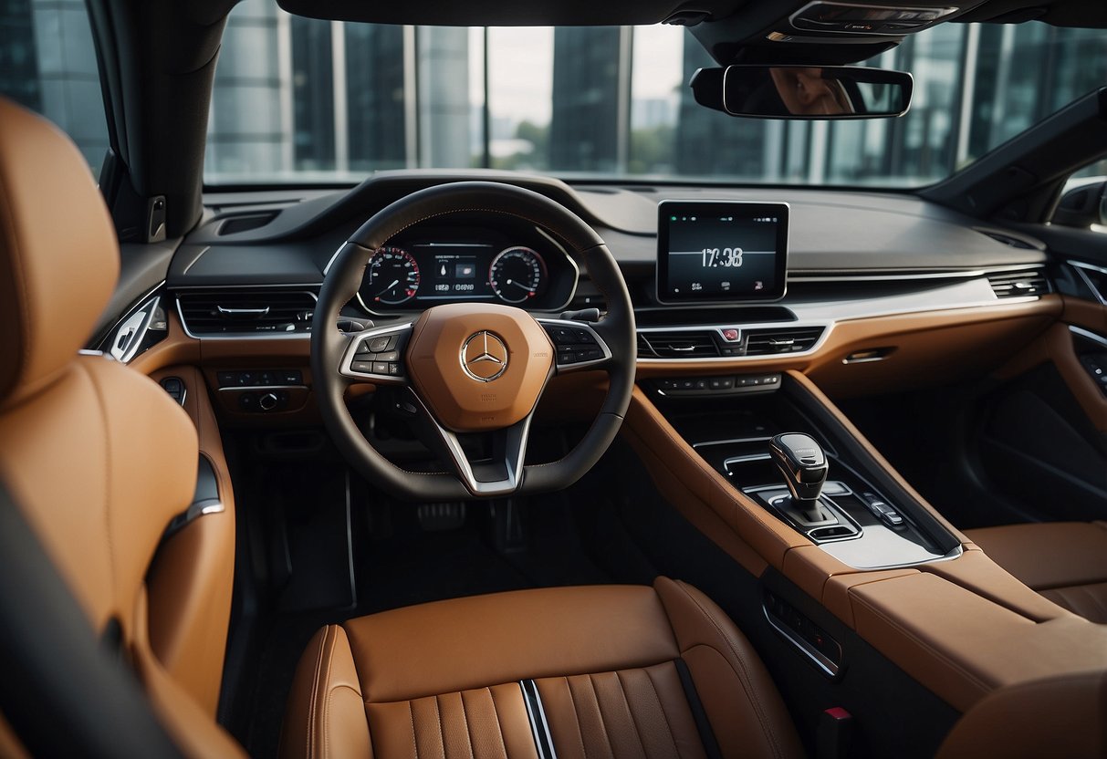 A sleek car interior with modern features and high-tech gadgets. Clean lines, luxurious materials, and innovative design elements