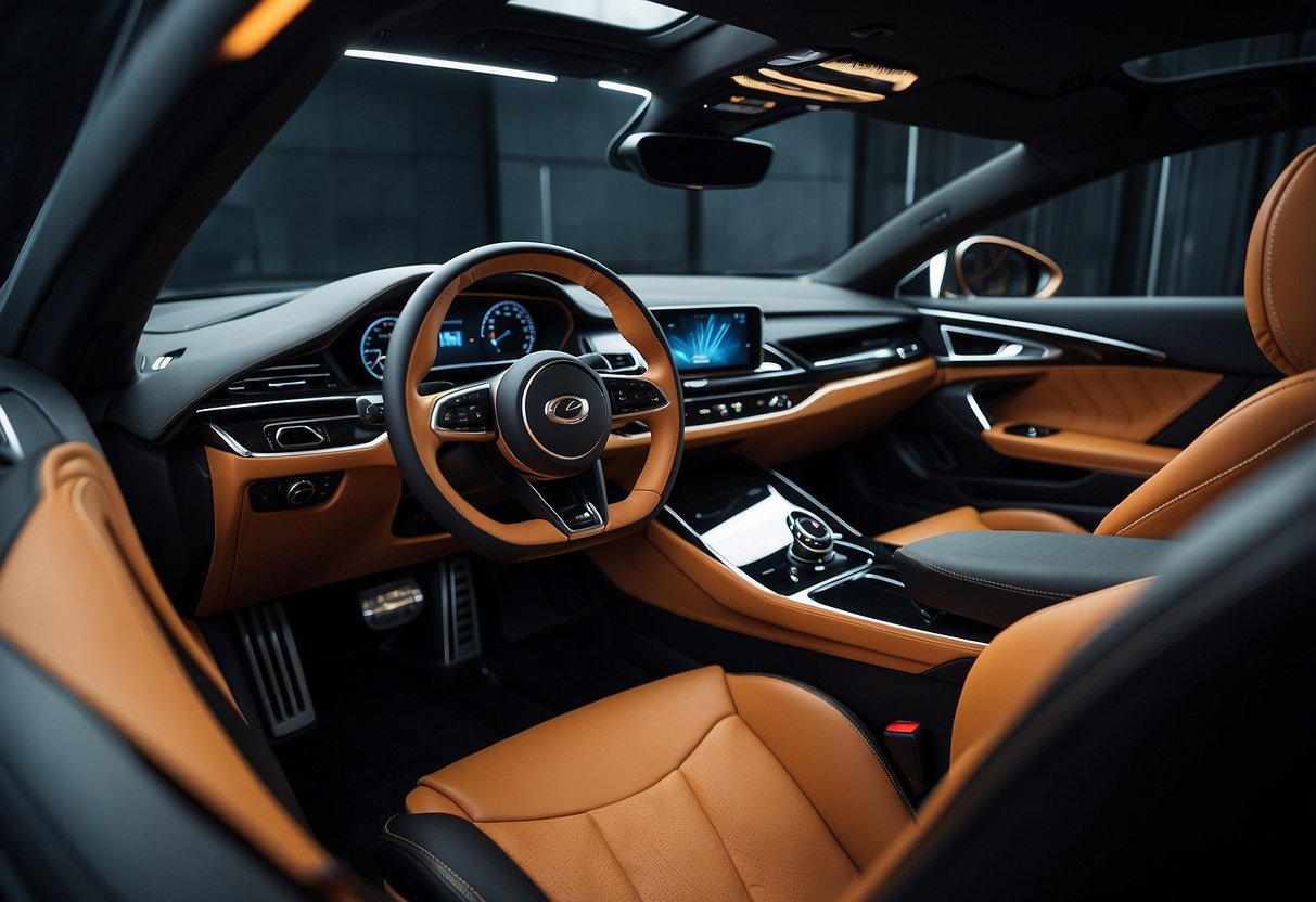 A sleek car interior with futuristic materials and textiles, showcasing the latest design trends