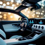 A sleek car interior with a futuristic biometric security system, featuring a retina scanner, fingerprint reader, and voice recognition technology