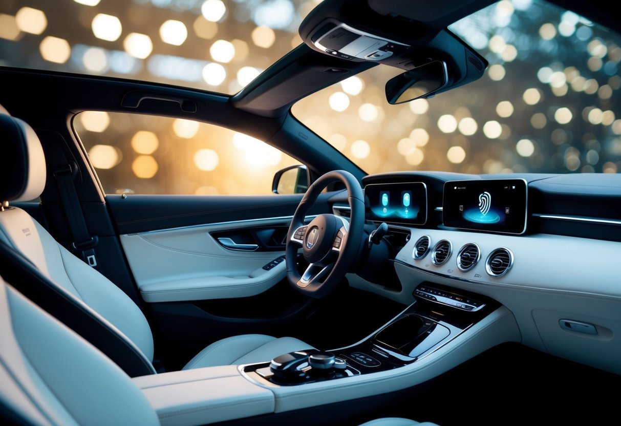 A sleek car interior with a futuristic biometric security system, featuring a retina scanner, fingerprint reader, and voice recognition technology