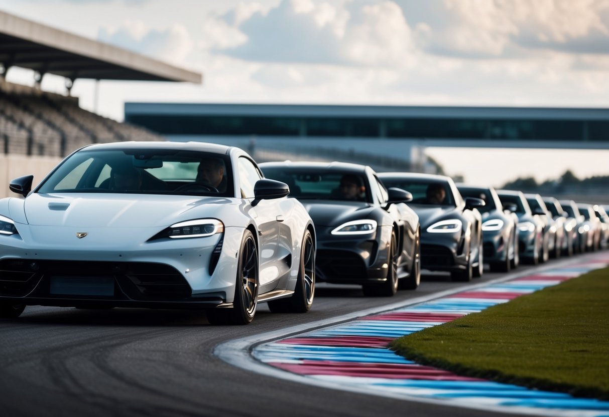 A lineup of sleek, modern cars with turbocharged engines, revving up for maximum power and performance on a futuristic racetrack