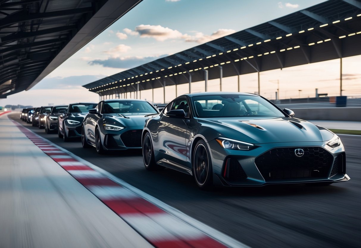 A lineup of sleek, modern turbocharged cars revving their engines on a futuristic racetrack