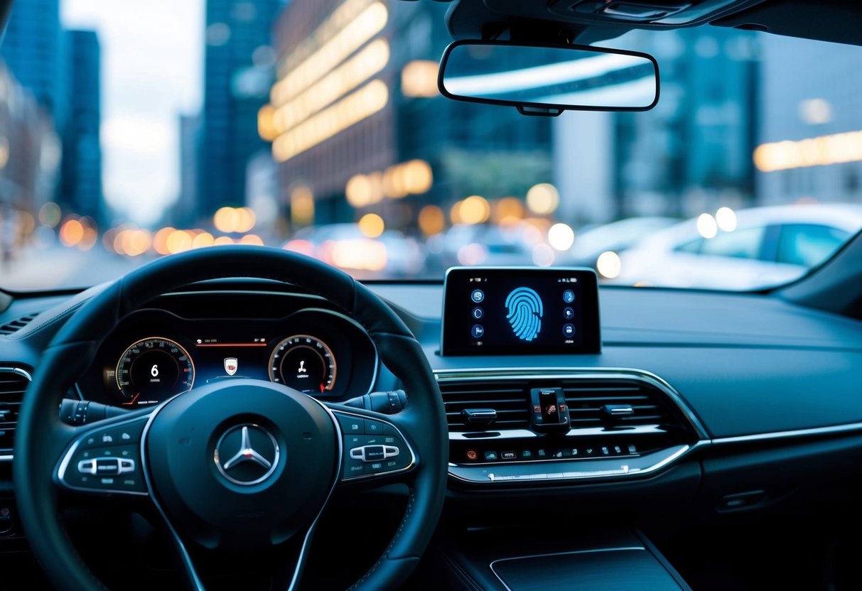 A car dashboard with a biometric security system, showing a fingerprint scanner or facial recognition technology integrated into the design