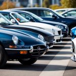 A lineup of vintage cars parked next to sleek modern vehicles, showcasing the influence of classic car designs on contemporary automobiles